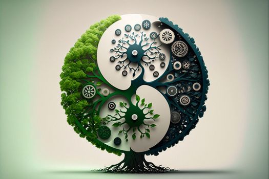 Black and green Yin and Yang logo made with wood elements. Green world concept. High quality illustration