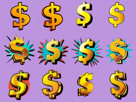 A colorful set of icons with images of the dollar in the style of pop art