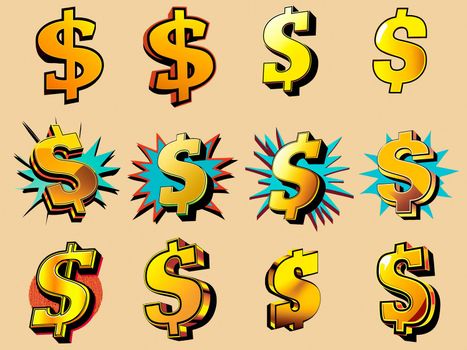 A colorful set of icons with images of the dollar in the style of pop art