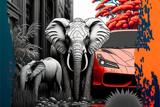 Wildlife in the modern world. Elephant and sports car. Africa in the city. Spilled paints on a gray background. High quality illustration