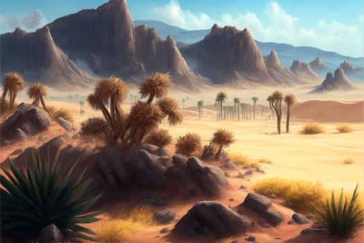 desert with mountains, cacti, bushes. High quality illustration