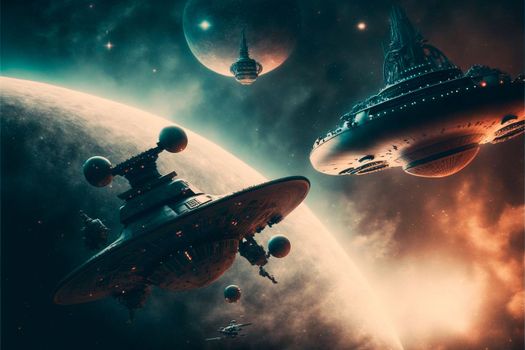 intergalactic spaceships on the background of planets and space. High quality illustration