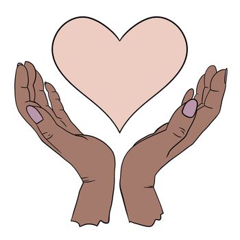 Hand drawn illustration of two human person hands holding heart love st valentine in elegant gesture. Simple minimalist symbol concept in black line outline, skin color diversity