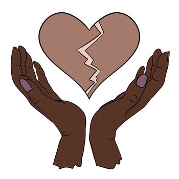 Hand drawn illustration of two human person hands holding in elegant gesture, broken heart emotions. Simple minimalist symbol concept in black line outline, skin color diversity