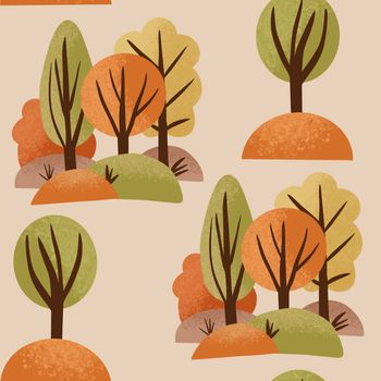 Hand drawn seamless pattern of fall autumn forest wood trees. Orange yellow woodland landscape grass bush branches, camping outdoor park activity background, ecology environment