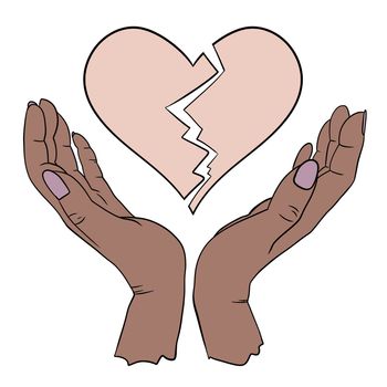 Hand drawn illustration of two human person hands holding in elegant gesture, broken heart emotions. Simple minimalist symbol concept in black line outline, skin color diversity