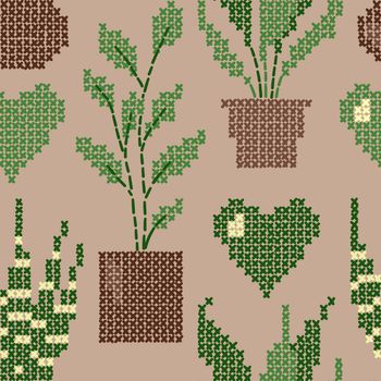 Hand drawn seamless pattern with cross stitch houseplants inpots, ficus snake plant peace lily. Cute crafts fabric print on beige background green leaves flowers indoor garden for plant lovers, urban jungle concept flower shop design, floral flora art