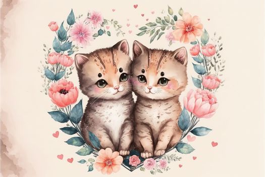 Cute little kitten in love on romantic Valentine's day hand drawn cartoon style. Generative AI