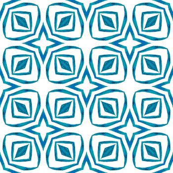 Tropical seamless pattern. Blue overwhelming boho chic summer design. Textile ready splendid print, swimwear fabric, wallpaper, wrapping. Hand drawn tropical seamless border.