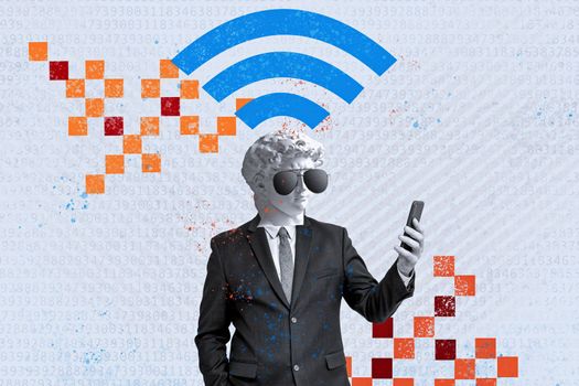 Collage creative modern technology and businessman with phone communicates through social networks and Internet Wi-Fi