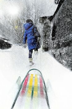 a child in the winter in the snow in a snowstorm pulls a sled walking creative photo. High quality photo