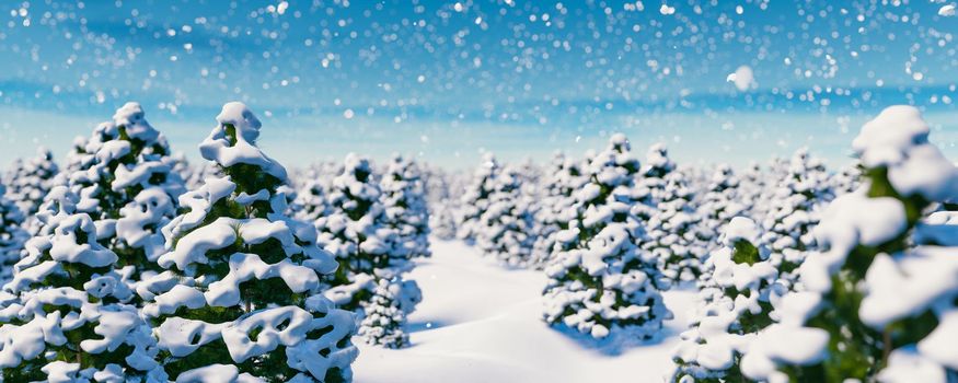 A walk in the snow-covered forest between the Christmas trees during a snowfall. 3D rendering illustration.