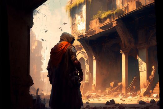 A traveler in an old abandoned city. Ruins and ruins. Steampunk style. High quality illustration