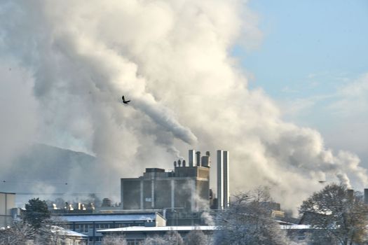 Environmental problem of pollution of environment and air in cities. Smoking industrial zone factory chimneys. View of large plant with Smoking pipes Smoke from the paper industry, which is running every day of the year. Photo taken December 2022 Air pollution in the city. Smoke from the chimney on blue sky background. High quality photo