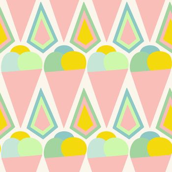 Hand drawn seamless pattern of pink pastel ice cream cone in mid century style. 60s 70s retro vintage sweet food summer fabric print, cute colorful design with funny dessert drawing