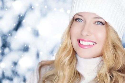 Winter holiday travel, lifestyle and fashion, beautiful happy woman and snowy forest, nature, ski resort and leisure activity outdoors Christmas, New Year and holidays portrait.