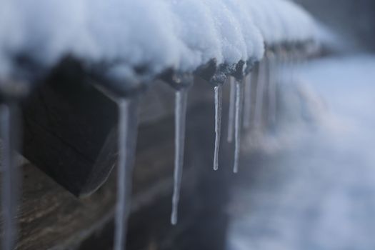 Spring background with icicles melting in the sun. Icicles close-up. Snow melting. The beginning of the warm season, the end of winter. Rustic scene in early spring.
