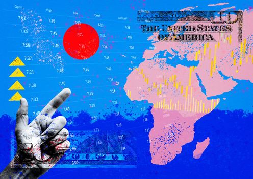 Creative collage with a chart of the world global market with a finger pointer and analysis of digital financial data.