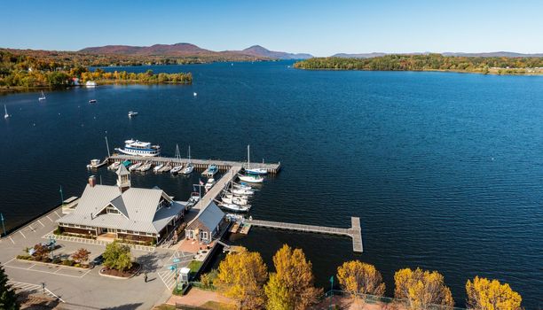 Newport, VT - 3 October 2022: Aerial view of the port and harbor of Newport in Vermont