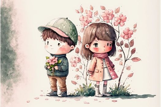 Cute boy and girl in love on romantic Valentine's day hand drawn cartoon style. Generative AI.