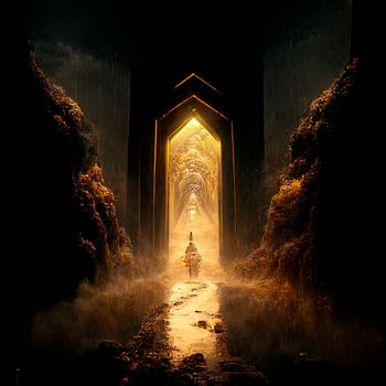 portal to another world, golden glow. High quality illustration