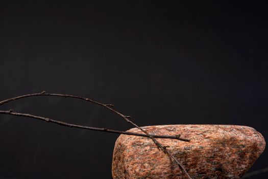 a mock-up. cosmetics stands on a natural stone, black background. Product branding. Minimalistic empty stone pedestal for a product showcase on a black background. dry twigs. Layout Template