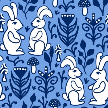 Hand drawn seamless pattern with rabbit bunny on blue background. Scandinavian nordic folk art style, winter forest wood woodland mushrooms. Easter, symbol 2023 decoration for kids children