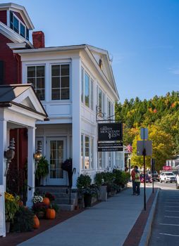 Stowe, VT - 6 October 2022: Entrance to the Green Mountain Inn in Stowe