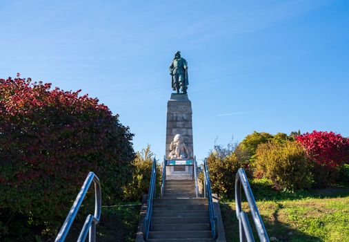 Bronze statue and monument to Samuel de Champlain in Plattsburgh in the northern part of New York State
