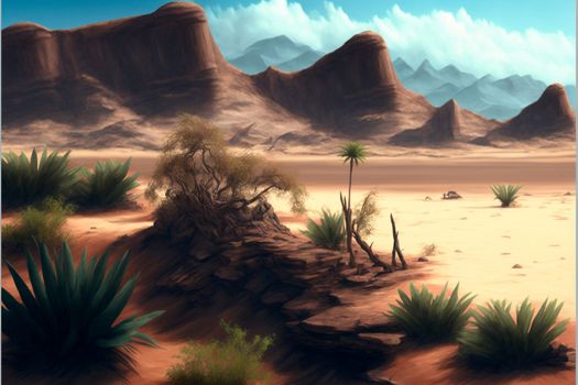 desert with mountains, cacti, bushes. High quality illustration