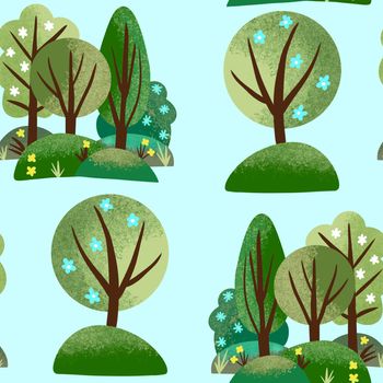 Hand drawn seamless pattern of summer spring forest wood trees with flowers. Green nature landscape grass branches floral background, camping outdoor background, ecology environment floiage