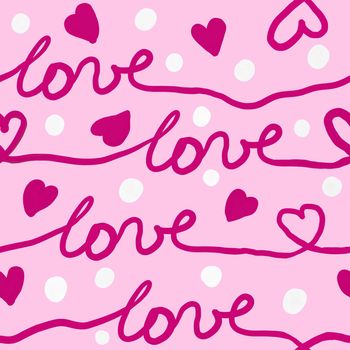 Hand drawn seamless pattern with red hearts on pink background. Love word lettering in stripes lines, white polka dot, cute st valentine day wrapping paper, gouache texture pastel valentines