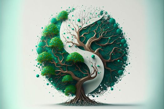 Black and green Yin and Yang logo made with wood elements. Green world concept. High quality illustration
