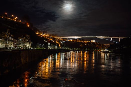 View of Cityscape of Porto , Portugal and Douro River at night seen from Dom Luis I Bridge.