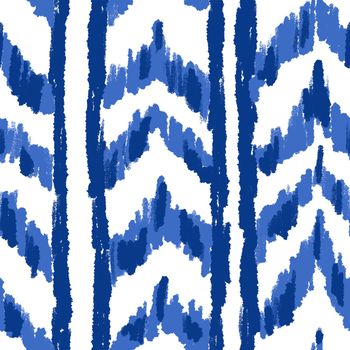 Hand drawn seamless pattern with ikat ethnic traditional indonesian fabric print. Blue indigo abstract geometric design mid century modern splash stroke vibrant nautical print