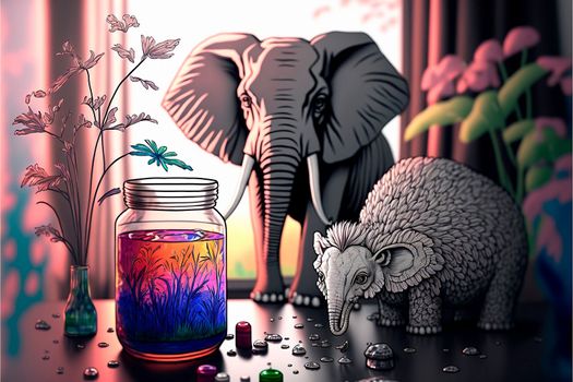Wildlife in the modern world. Africa in the city. Spilled paints on a gray background. High quality illustration