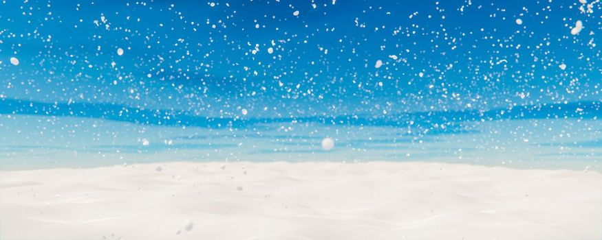 White spacious landscape with snow covered plain at snowfall. 3D rendering illustration.