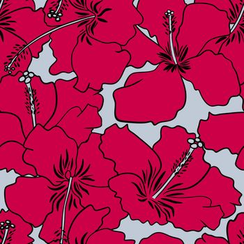Hand drawn seamless pattern of red hibiscus flowers, viva magenta colors 2023 trend. Floral tropical hawaii print on grey background, garden jungle summer design, island bloom blossom art