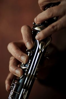 the hands of a musician on the clarinet - an ancient musical wooden instrument popular in classical brass marching jazz folk music, loved by children and adults, amateurs and professionals.. High quality photo