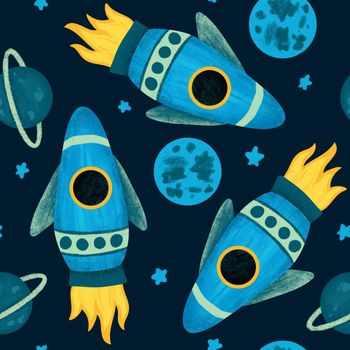 Hand drawn seamless pattern of outer space galaxy astronaut in purple blue colors. Stars planet asteroid comet saturn moon fabric print for boys nursery decoration spaceship alien ship art