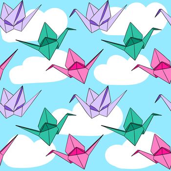 Hand drawn seamless pattern with japanese origami paper crames birds on blue sky white clouds background. Pink purple green japan asian toy for kids children nursery decor apparel, love hope peace symbol traditional papercraft