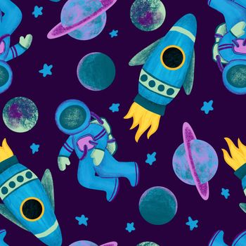 Hand drawn seamless pattern of outer space galaxy astronaut in purple blue colors. Stars planet asteroid comet saturn moon fabric print for boys nursery decoration spaceship alien ship art