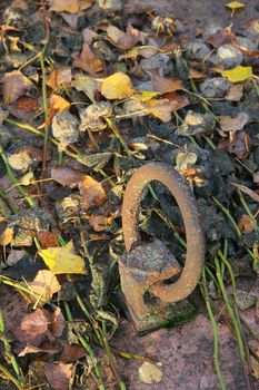 cemetery grave lid rusty handle with withered flowers. High quality photo