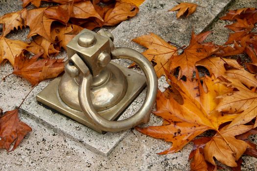 cemetery grave lid doorknob autumn yellow leaf. High quality photo