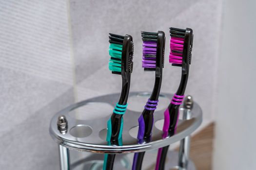 three multi-colored toothbrushes stand in a special stand in the bathroom interior. close-up. daily oral hygiene products