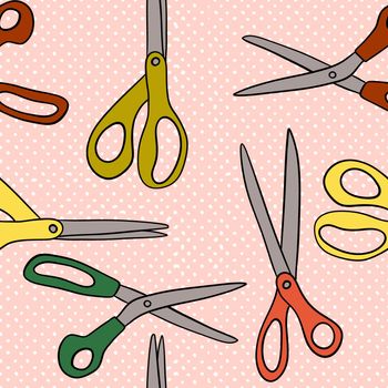 Hand drawn seamless pattern with scissors on beige background. Tailor cute sew hairdresser hairstyling design, barber salon, retro vintage stationary tailoring sewing hobby fabric print