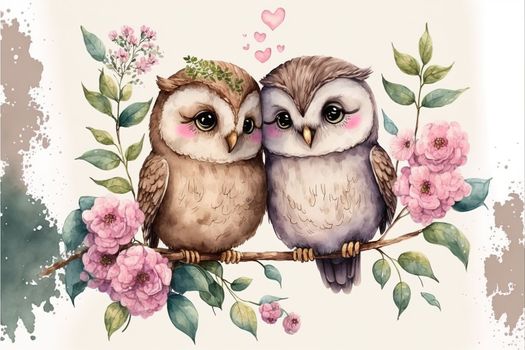 Cute little owl in love on romantic Valentine's day hand drawn cartoon style. Generative AI