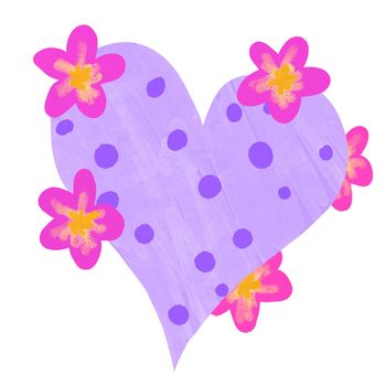 Hand drawn ilustration of purple pink heart shape with floral flowers. St valentines day love greeting invitation poster. Decorative holiday banner, gouache art texture, elegant pastel design
