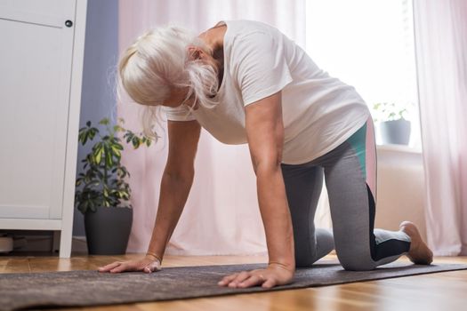 Senior woman working out at home, doing yoga exercise in the room downward facing cat pose, marjariasana for spine