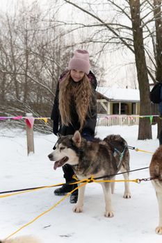 animal outdoor love person woman friend nature snow winter adult female happy husky pet girl park dog